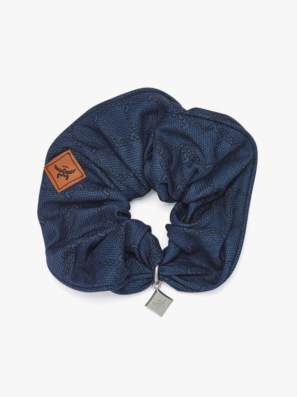 MCM Lauretos Monogram Scrunchie in Cotton and Silk Navy Blazer Blue NWT